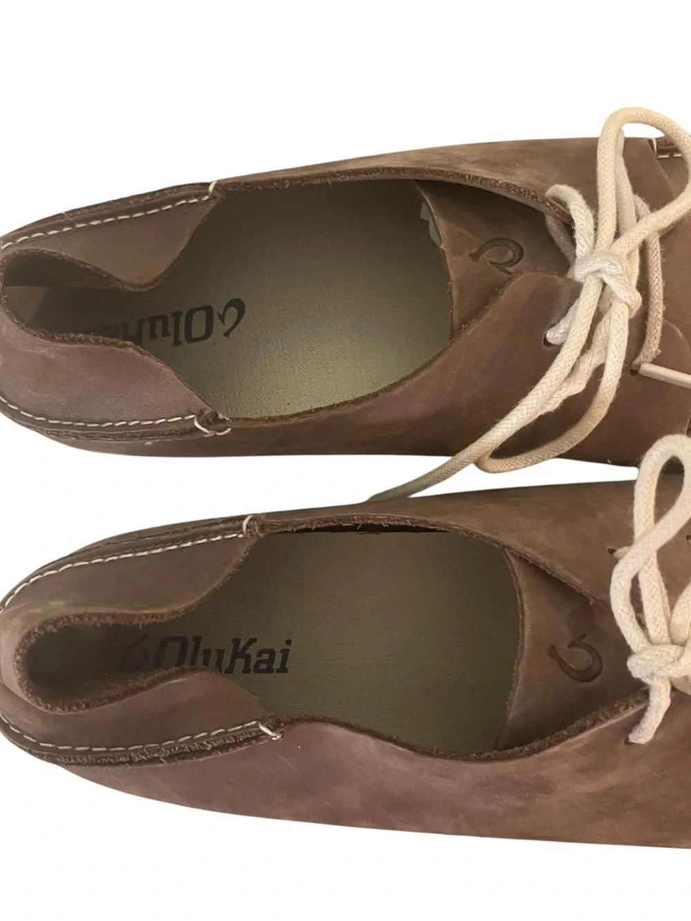 OluKai Holokai Brown Suede Moc Toe Slip-On Loafers with Cream Laces